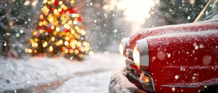 Vintage red car covered in snow with a glowing Christmas tree in the background. Perfect for nostalgic and festive holiday designs. - Powered by Adobe