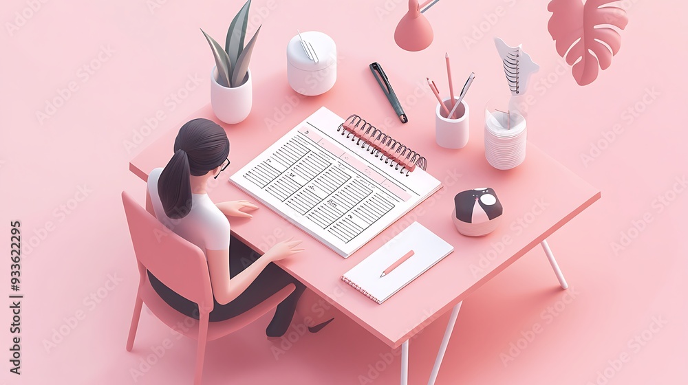 Poster minimalist isometric workspace with desk calendar and sketching person on pink background in soft il