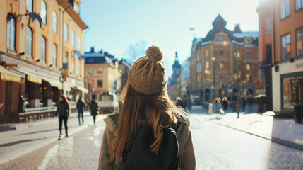 Fototapeta premium Young woman in winter clothes visiting the city center of Stockholm, Sweeden, Europe