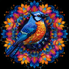 Obraz premium very bright and colorful mandala,very detailed high quality,object in center,blue jay bird whole body