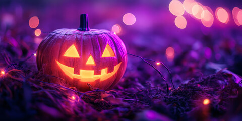 Halloween Jack-o'-lantern glowing in the dark with purple bokeh lights in the background. Ideal for spooky-themed designs.
