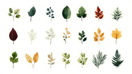 Minimalistic illustration collection of different green leaves and plants isolated on white background