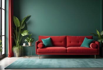 A modern living room with a red sofa, green walls, and a tropical plant in the background.