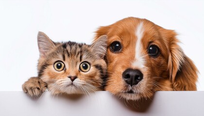 白い台の向こうから覗いている子犬と猫（Dog and Cat above white banner）
