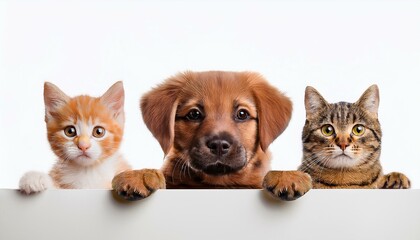 Fototapeta premium 白い台の向こうから覗いている子犬と猫（Dog and Cat above white banner） 