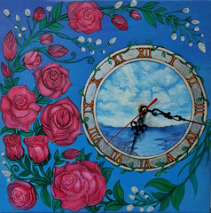 Eternal Bloomtime beautifully blends the essence of time and nature. The centerpiece is a clock adorned with Roman numerals, set against a serene sky and sea landscape. Hand painting on canvas.