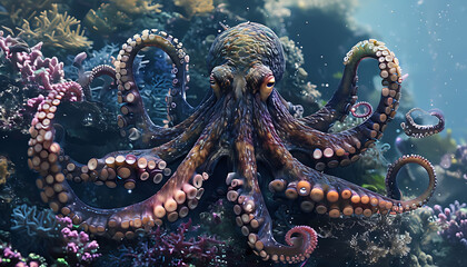 Obraz premium A gigantic octopus expertly camouflaged among vibrant coral and seaweed 