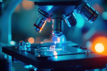 Close-up shot of a microscope with illuminated slide, showcasing scientific research and innovation in a laboratory setting.