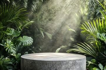 Empty round stone platform podium in tropical garden. Product display pedestal template, presentation stone table. Podium jungle product platform with generative ai