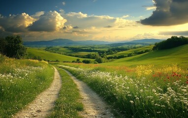 A scenic dirt road winding through a lush green landscape with wildflowers under a dramatic cloudy sky. Perfect for landscape and nature photography.