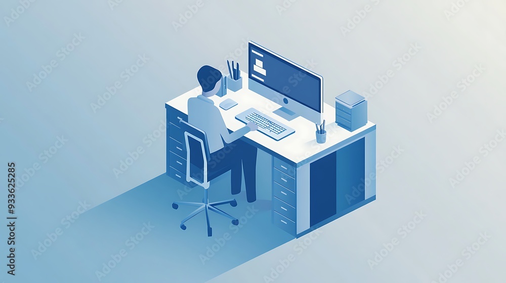 Aufkleber modern isometric computer setup with standing person in minimalistic style on blue background