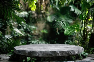Obraz premium Empty round stone platform podium in tropical garden. Product display pedestal template, presentation stone table. Podium jungle product platform with generative ai