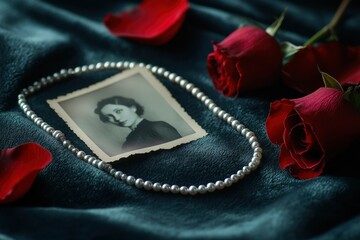 A Pearl Necklace, Red Roses, and a Vintage Photograph Resting on a Velvet Surface