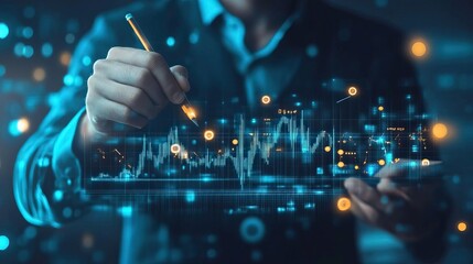 A businessman analyzes data trends with a virtual graph, showcasing modern technology and digital analytics.