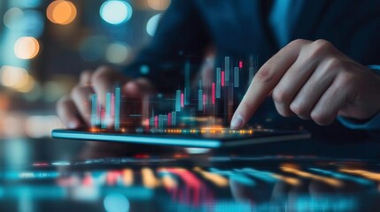 A businessman analyzes financial data on a tablet, showcasing modern technology and data-driven decision-making in a corporate setting.