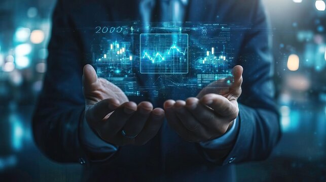 A businessman holding a digital interface displaying financial data in a futuristic setting. Symbolizes technology and finance.