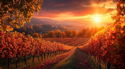 Naklejka premium Golden Harvest: A Vibrant Autumn Vineyard Landscape in Tuscany