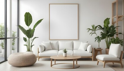 A modern living room with a large white framed wall art, a white sectional sofa, and various decorative elements such as plants.