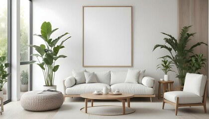 A modern living room with a large white framed wall art, a white sectional sofa, and various decorative elements such as plants.