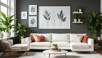 A modern living room with a large white framed wall art, a white sectional sofa, and various decorative elements such as plants.