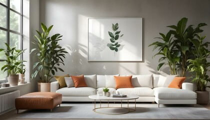 A modern living room with a large white framed wall art, a white sectional sofa, and various decorative elements such as plants.