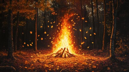 Burning autumn bonfires illuminate the tranquil forest landscape. Generation Ai
