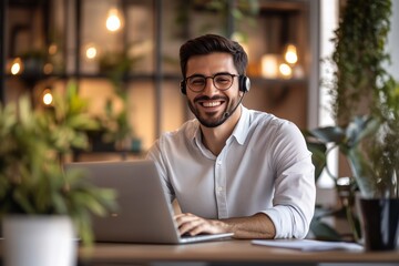 Obraz premium Happy business man hr manager professional executive in earbuds working in office looking at laptop having video conference call online hybrid work meeting or virtual job interview.