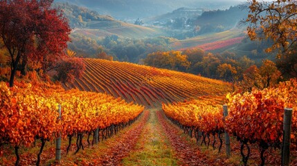 Naklejka premium Colorful Fall Beauty: Scenic Vineyard Landscape in Autumn with Vibrant Foliage and Golden Light