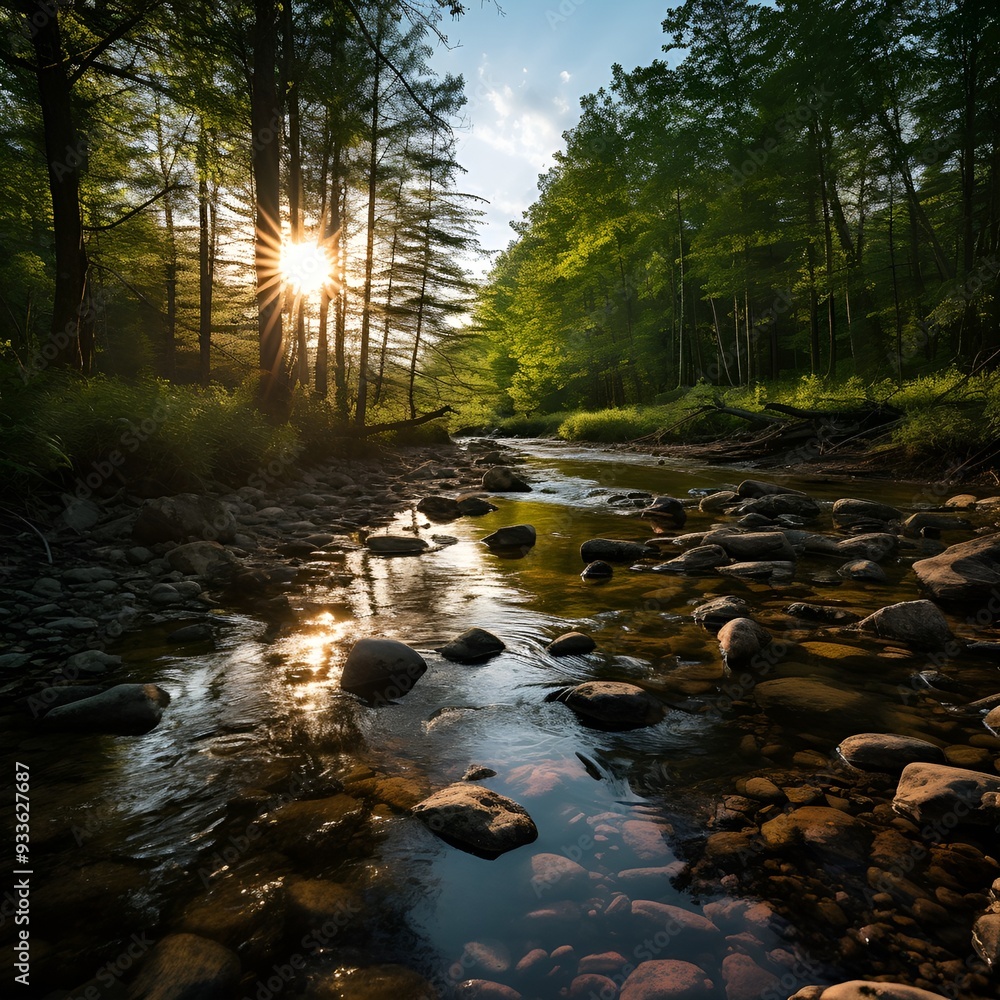 Poster a river with rocks and trees in the background.