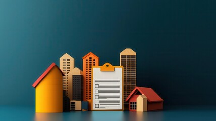 Fototapeta premium Real estate opportunity, digital contract and high-rise buildings, 3D illustration