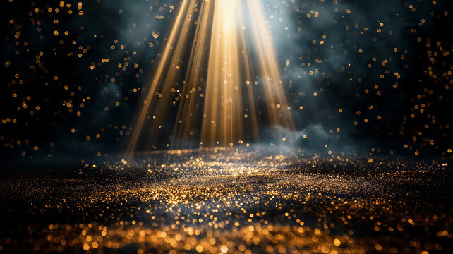 Golden particles suspended in air under a concentrated beam of light in a mysterious environment with mist.