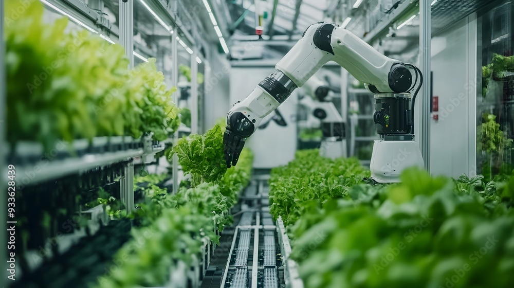Poster automated vertical farming system with robotic arms tending to plants in futuristic clean and modern