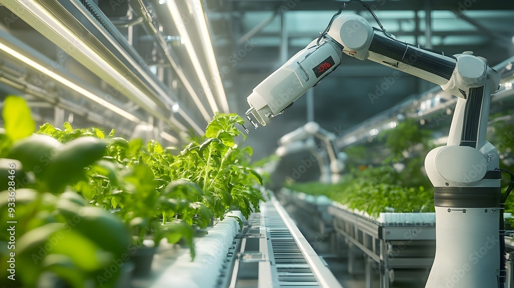 Poster fully automated vertical farming system with robotic arms tending to plants in clean futuristic and 
