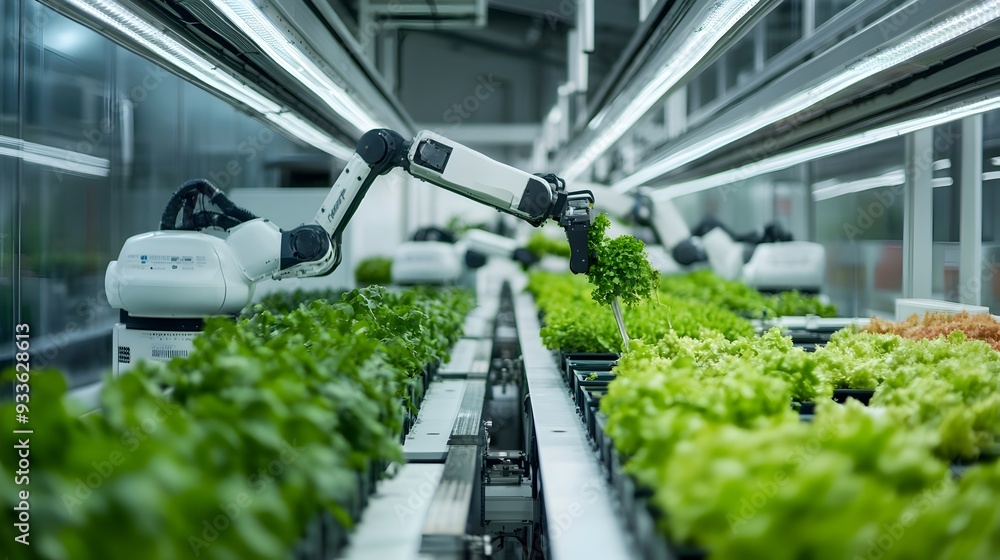 Poster fully automated vertical farming system with robotic arms tending to plants in clean futuristic surr