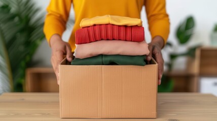 Person filling a box with clothes for charity, neatly folded garments, Donate, Clothing donation