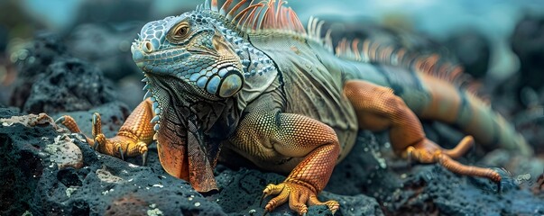 Fierce Iguana Crawling on Volcanic Rocks with Spiky Crest and Fiery Eyes