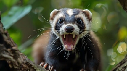 Fototapeta premium Fierce Ferret Hunting in Dense Forest Hidden Predator Bares Sharp Teeth