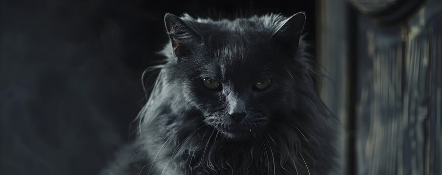 Angora Cat with a Devilish Grin in a Dark Gothic Interior Setting