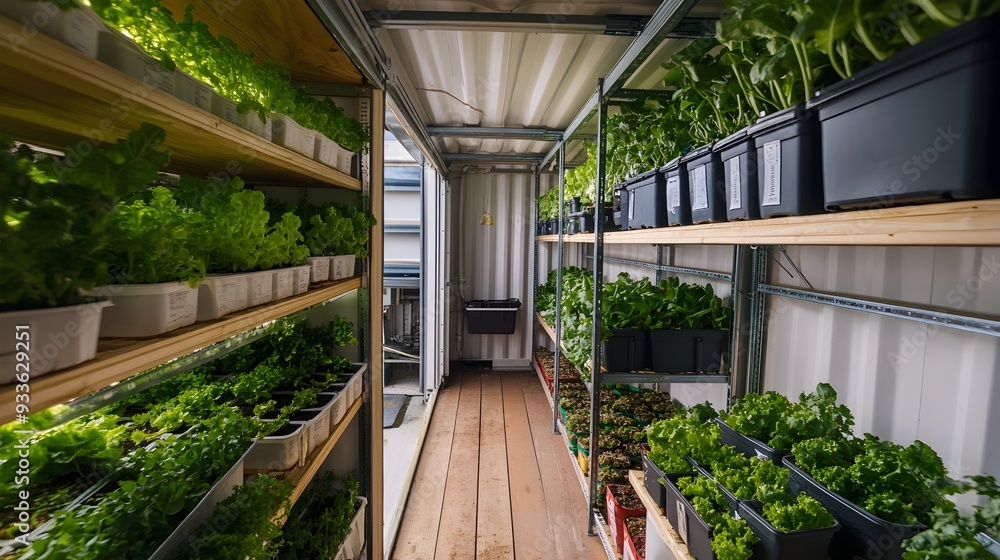 Poster innovative vertical farming system inside a converted shipping container featuring a space efficient
