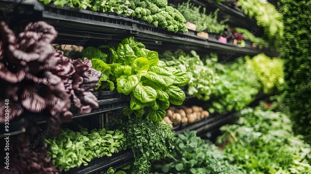 Poster photograph of a modern technologically advanced vertical farm showcasing a diverse array of vegetabl