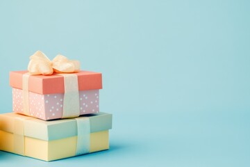 Obraz premium Two Pastel Gift Boxes with a Gold Bow on a Blue Background