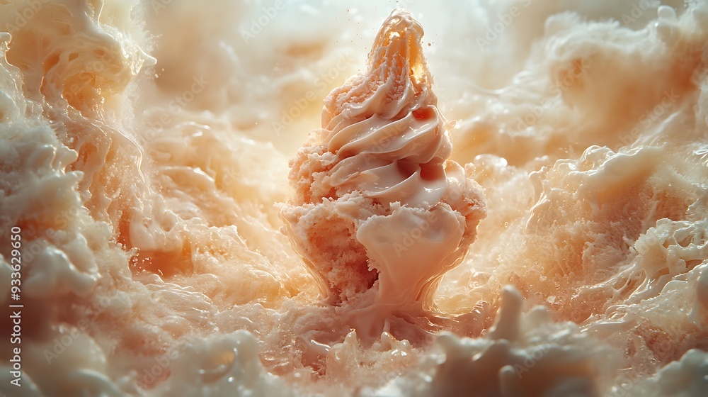 Aufkleber a close-up of a peach ice cream cone splashing in a white background with a swirling peach color, wi