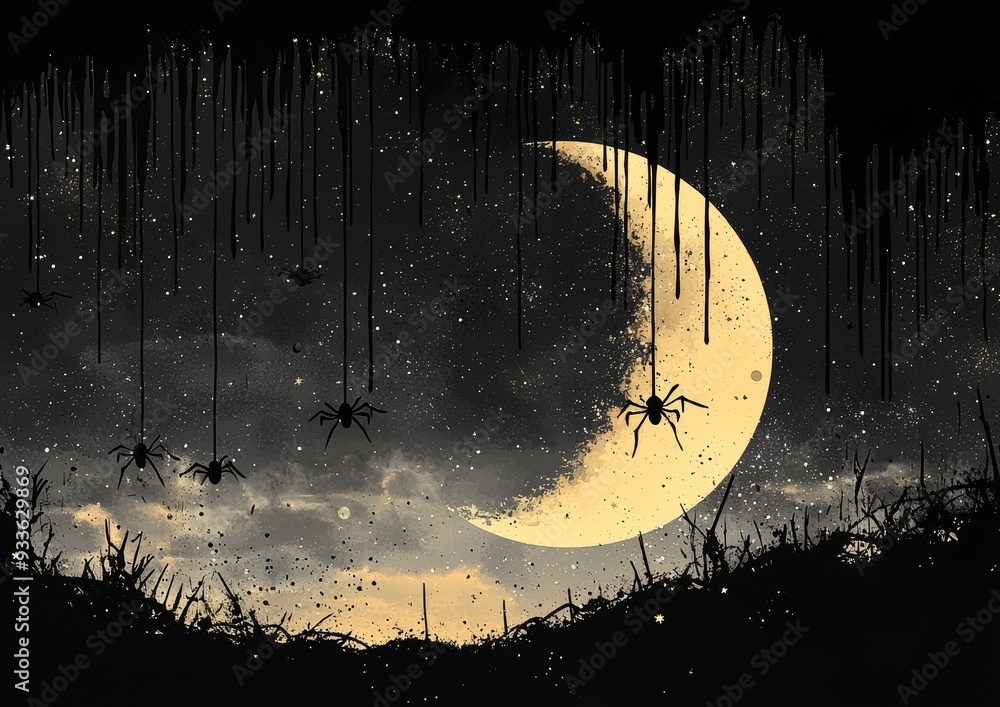 Wall mural Symbol of Halloween day flat icon with black spider skull hanging and cobweb on crescent moon and stars.