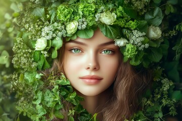 Fantasy portrait of a beautiful girl with green flowers in her hair. Young woman with headdress, flowers and plants as decoration.with generative ai