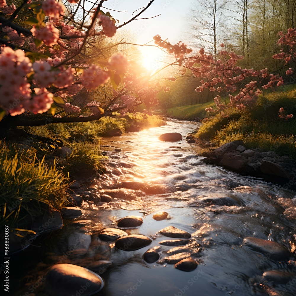 Poster a river running through a forest.