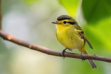 Obraz premium A vibrant yellow bird perched on a branch with a blurred green background.