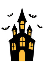 haunted house with yellow door and window wand bats playing  isolated illustration 