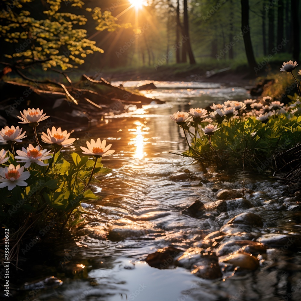 Poster a stream with flowers and trees in the background.