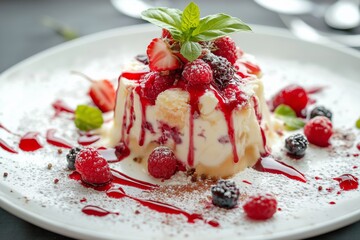 A refined dessert dish featuring a generous amount of mixed berries, sauce drizzle, and a touch of fresh herbs.
