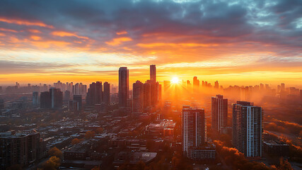 Fototapeta premium Cityscape and buildings with sunrise in morning.